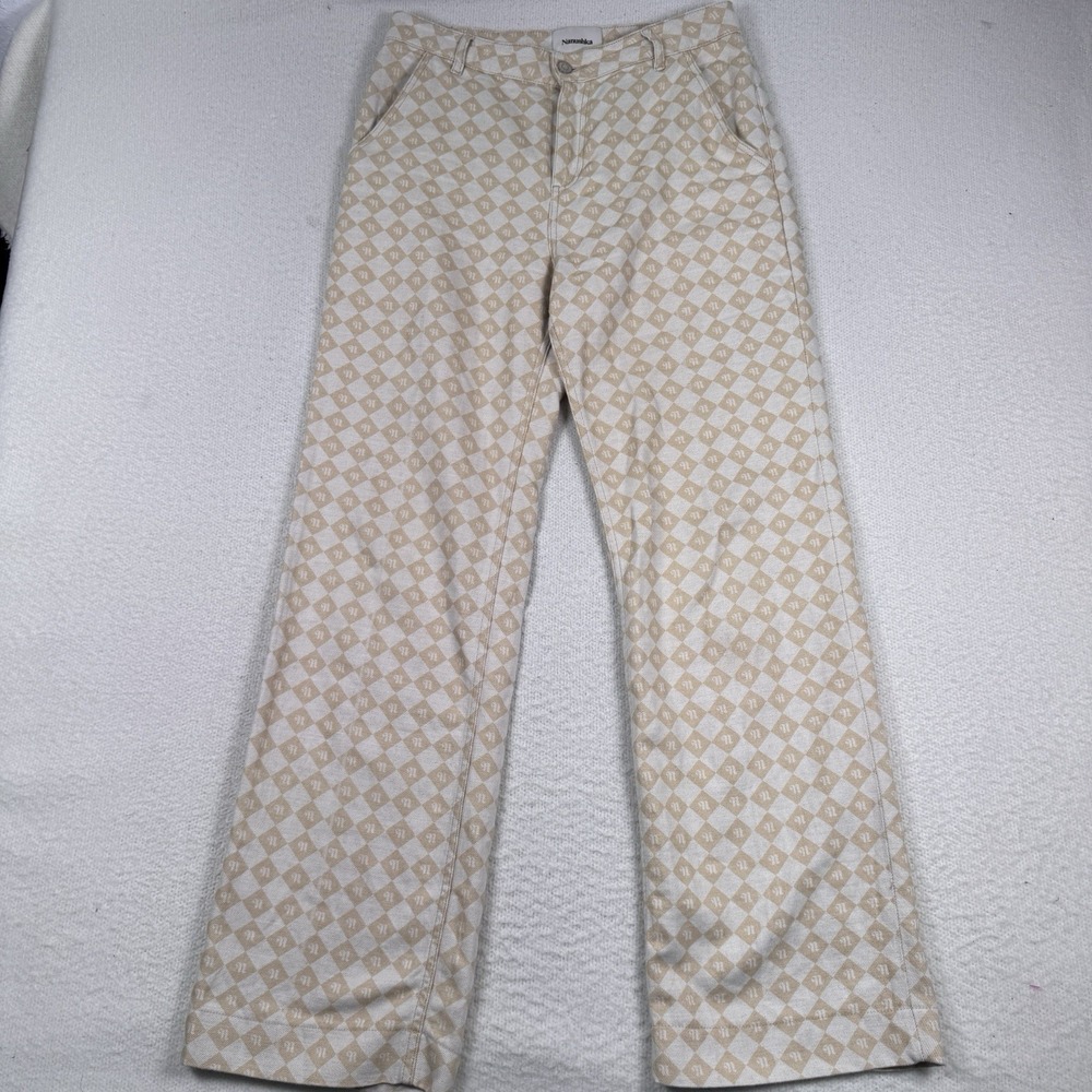 Nanushka Pants‎ Womens 32 Geometric Logo Print Linen Blend Straight With Turn Up - Picture 2 of 14